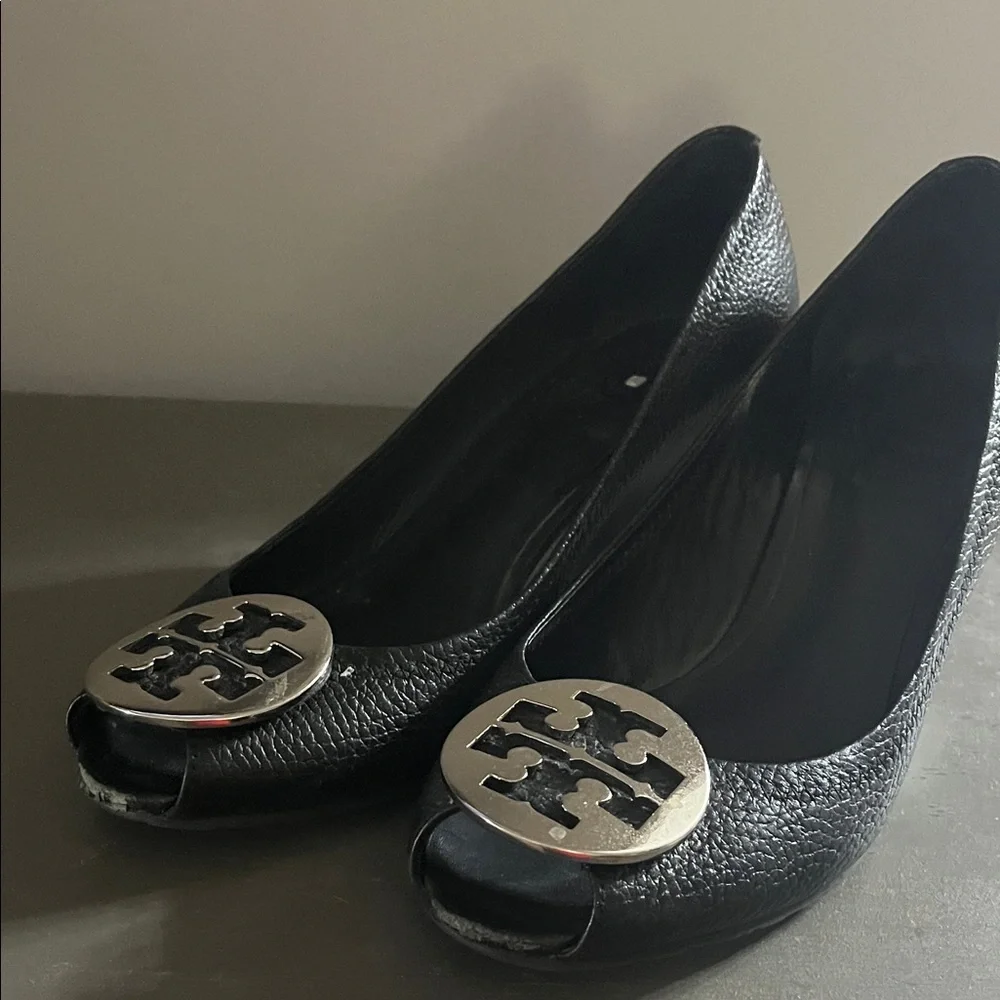 Tory Burch Black Peep-Toe wedge with Silver Accent 8